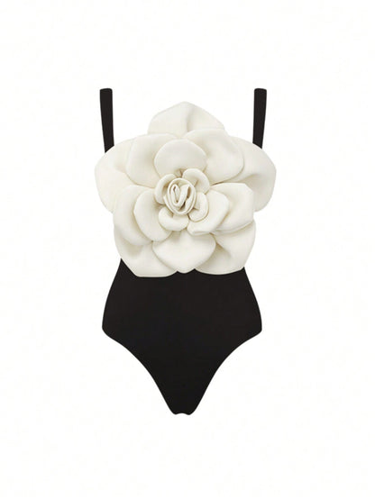 Bikinx Contrast Color Flower Decor Sexy One Piece Swimsuit And Skirt Cover Up