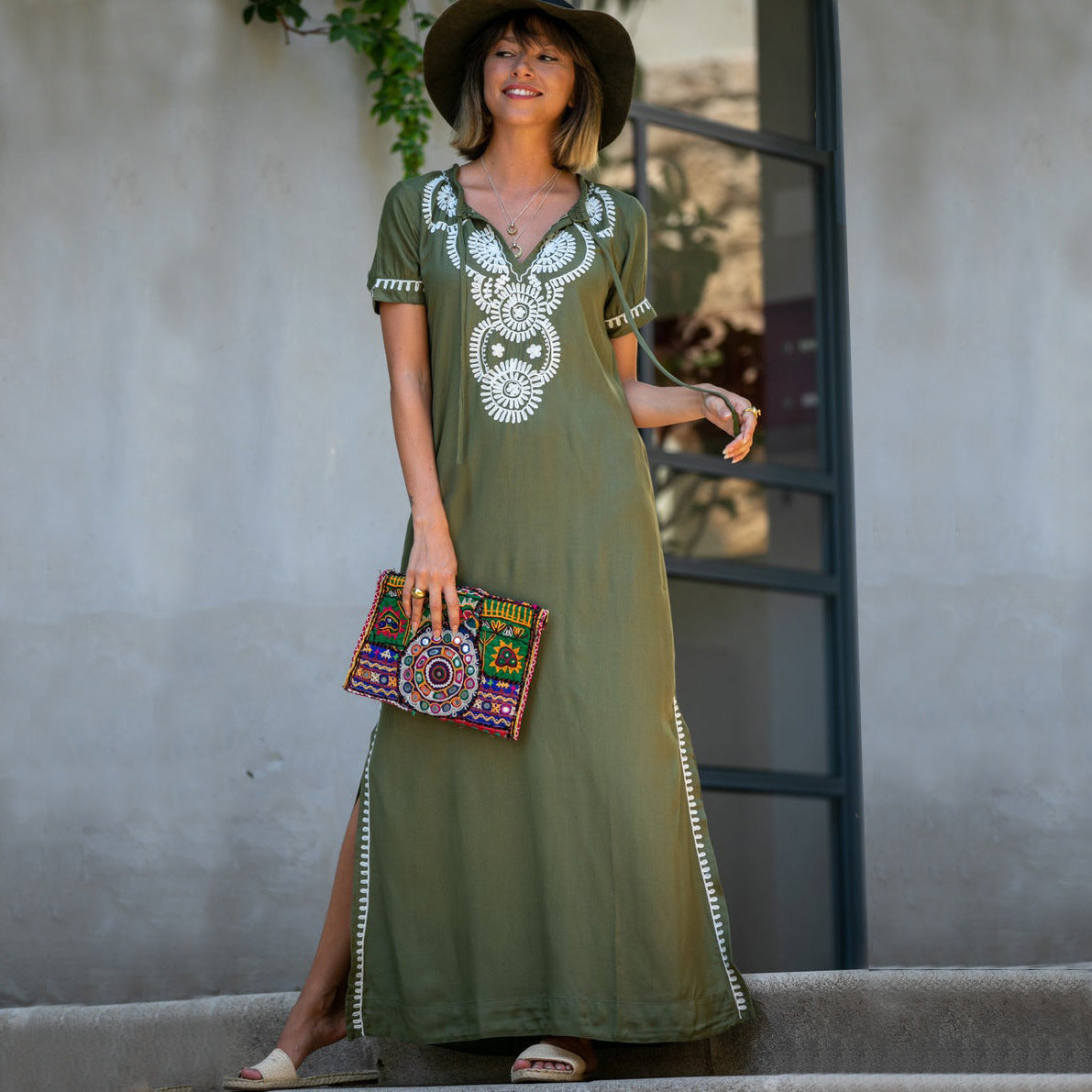 Rayon Army Green Short Sleeve Embroidered Beach Jacket Vacation Robe Beach Cover Up Outer Wear Dress Women EvenStar