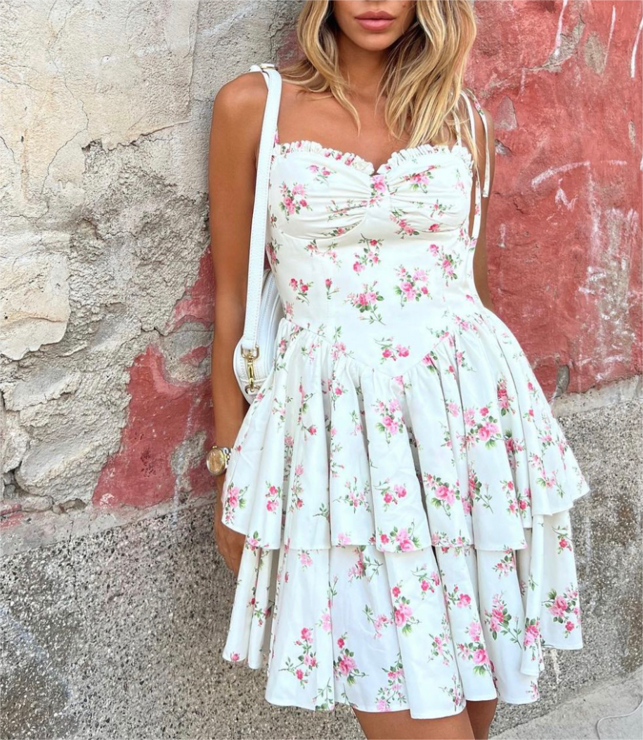 White Floral Strap Dress for Women Summer Sexy Sexy Pure Waist Tight Figure Flattering Puffy Dress ZDShop