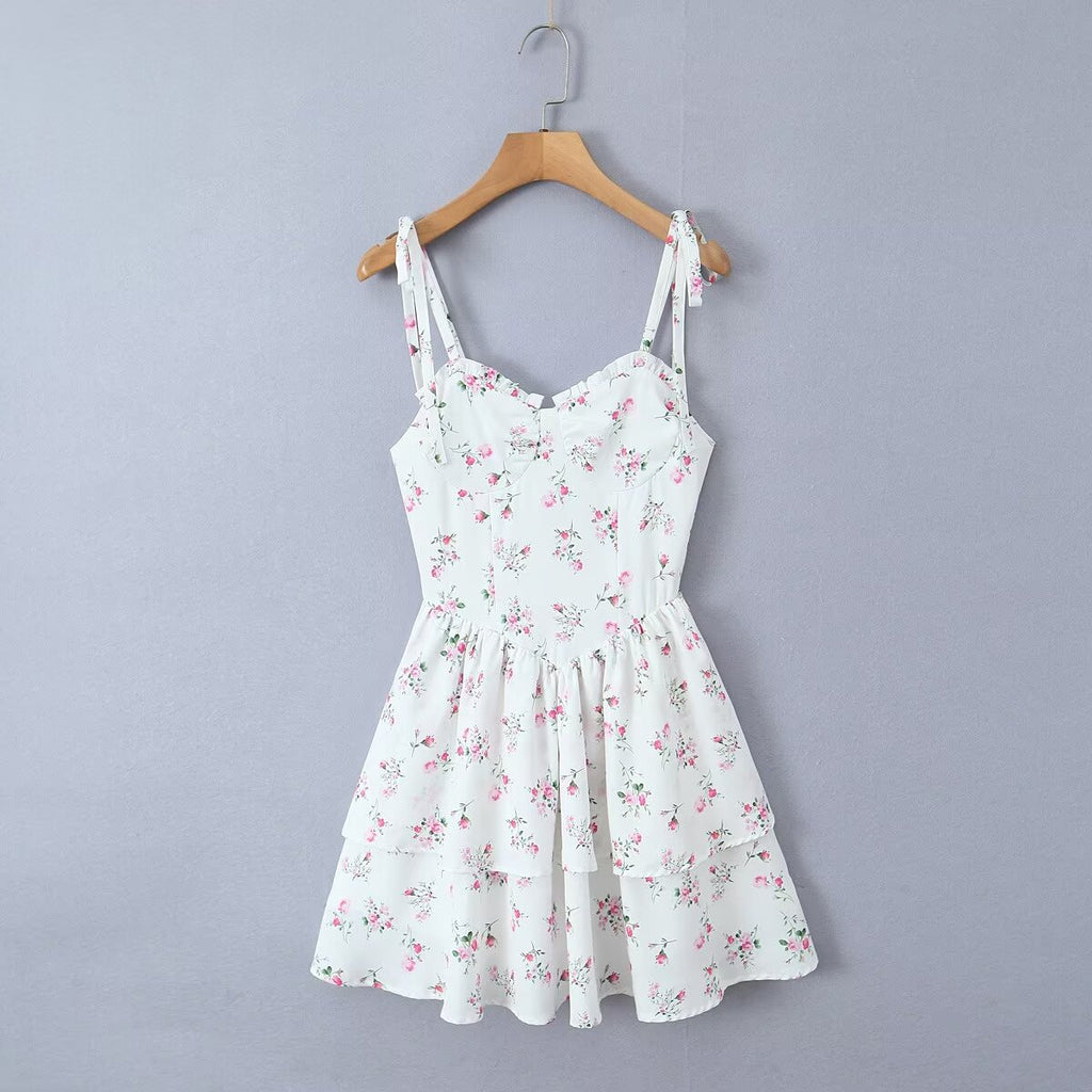 White Floral Strap Dress for Women Summer Sexy Sexy Pure Waist Tight Figure Flattering Puffy Dress ZDShop