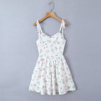 White Floral Strap Dress for Women Summer Sexy Sexy Pure Waist Tight Figure Flattering Puffy Dress ZDShop