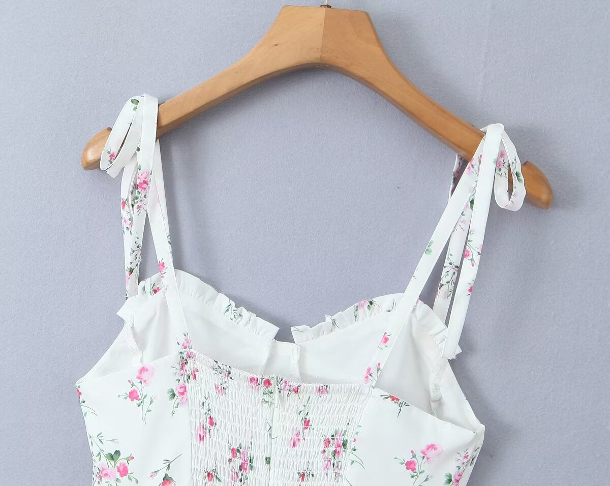 White Floral Strap Dress for Women Summer Sexy Sexy Pure Waist Tight Figure Flattering Puffy Dress ZDShop