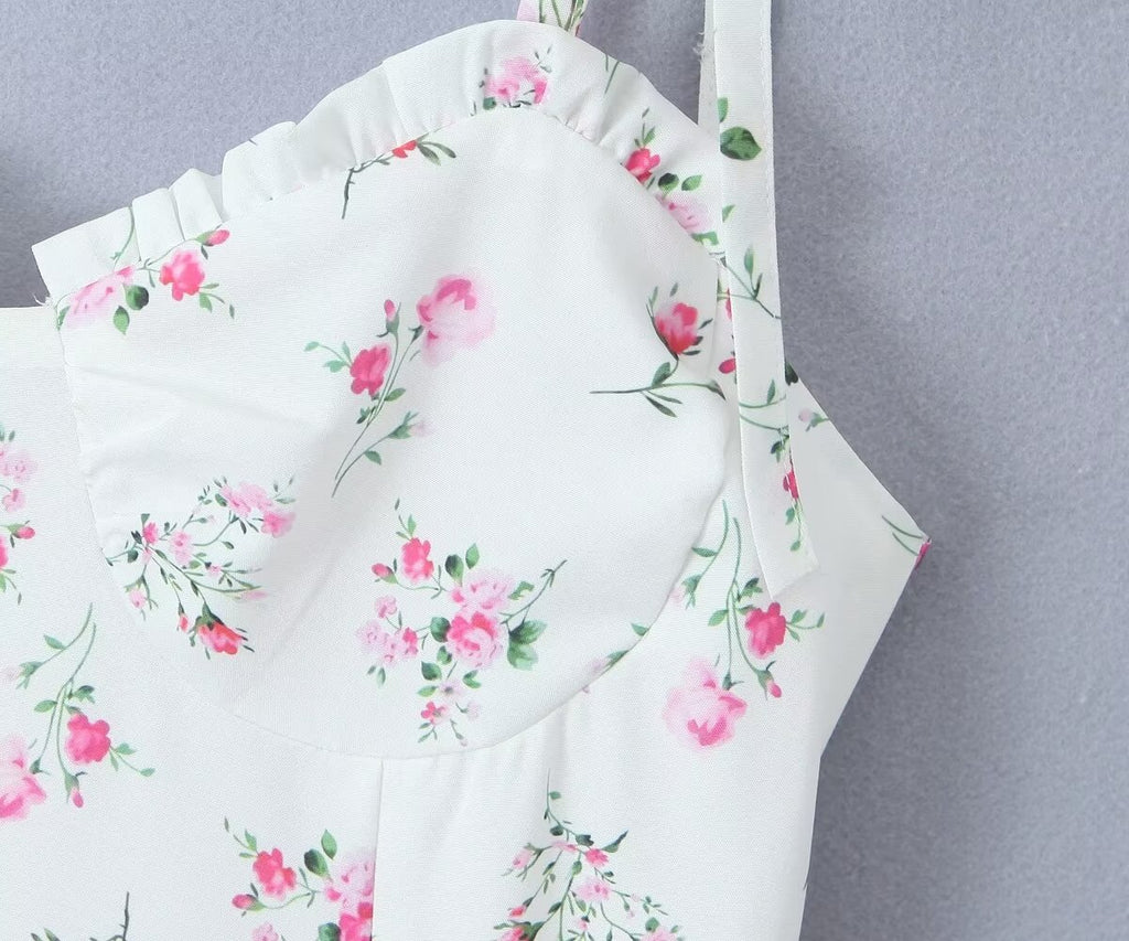 White Floral Strap Dress for Women Summer Sexy Sexy Pure Waist Tight Figure Flattering Puffy Dress ZDShop