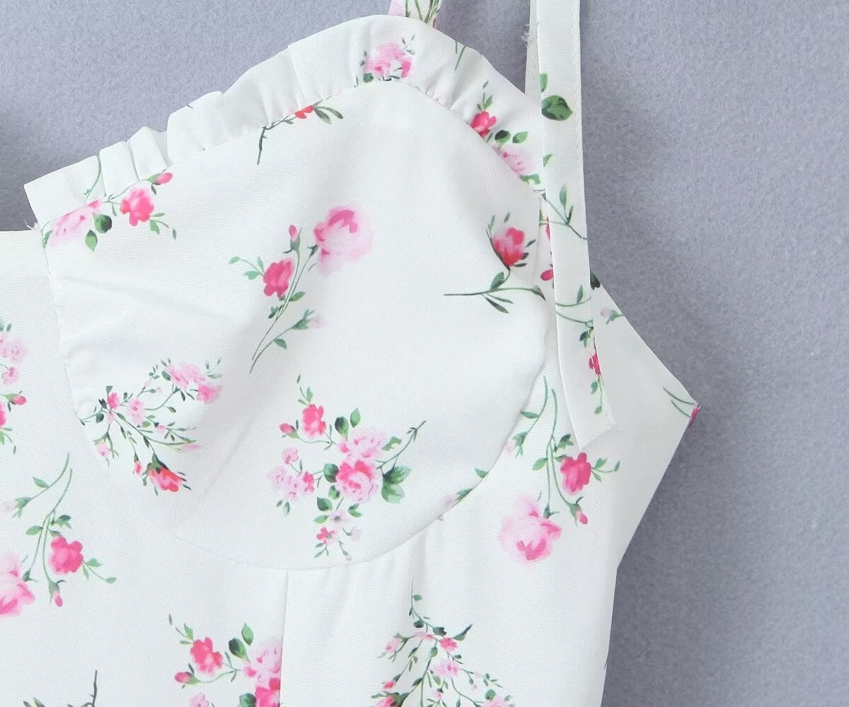 White Floral Strap Dress for Women Summer Sexy Sexy Pure Waist Tight Figure Flattering Puffy Dress ZDShop