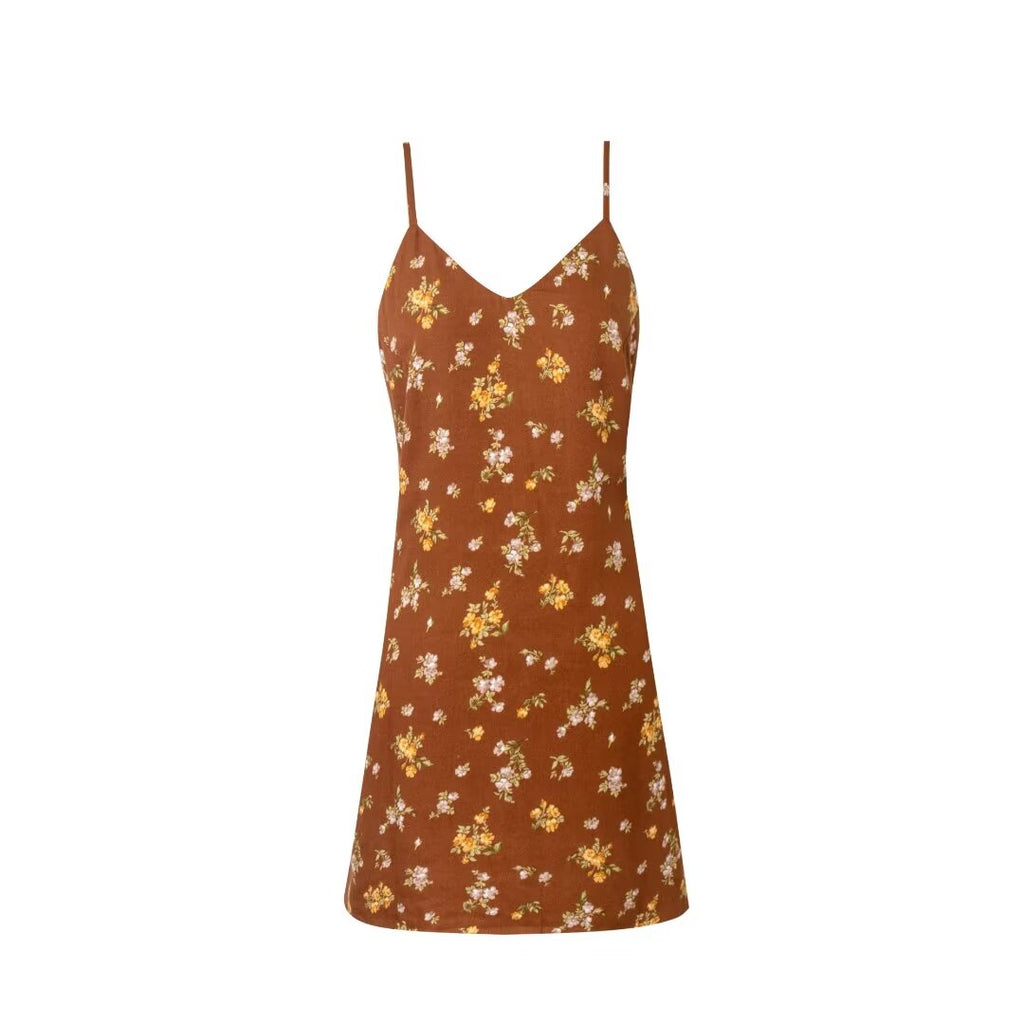 Early Spring French Vacation V Neck Strap Dress Brown Bottom Printed Cool Dress PullWind