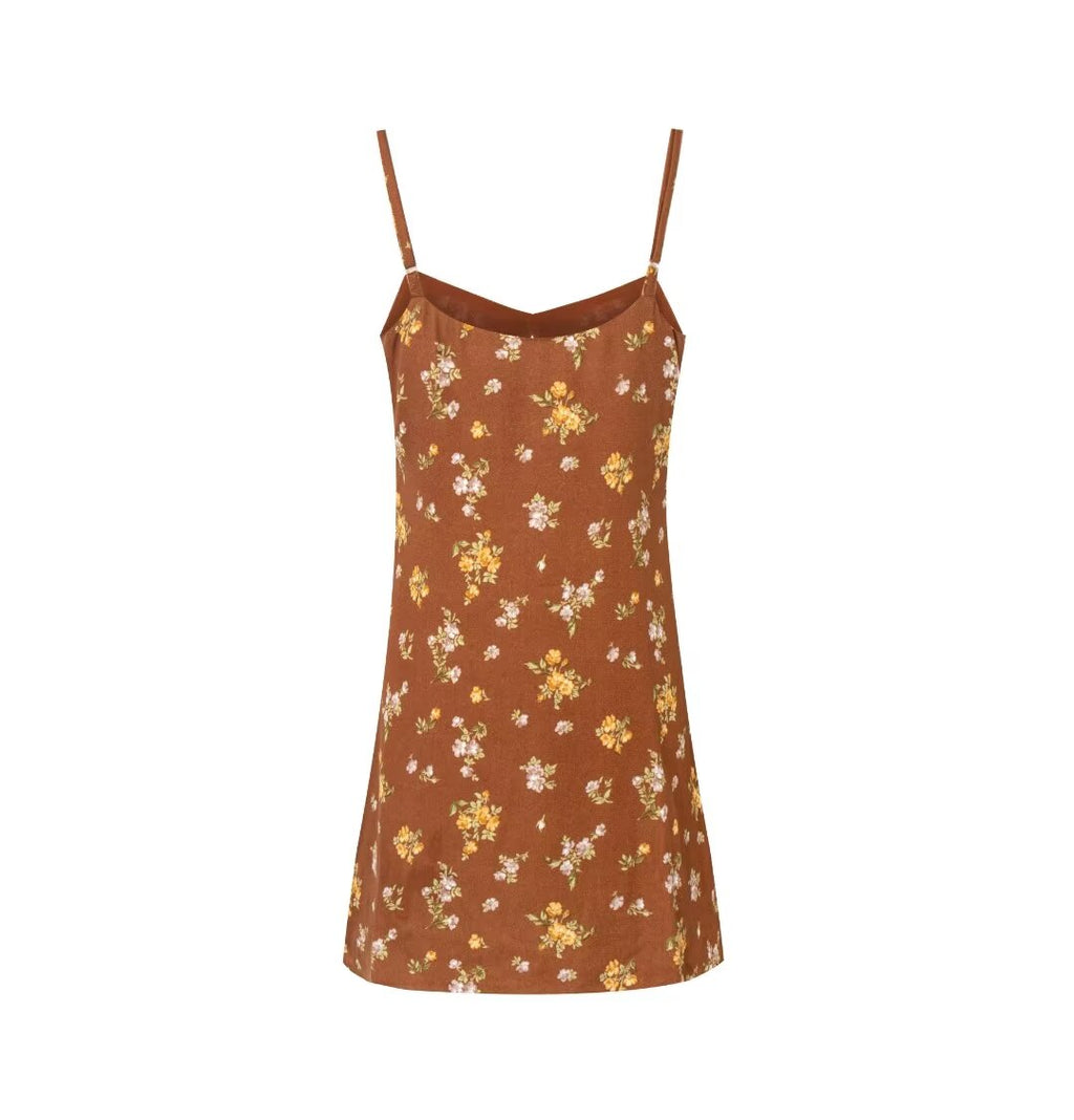 Early Spring French Vacation V Neck Strap Dress Brown Bottom Printed Cool Dress PullWind