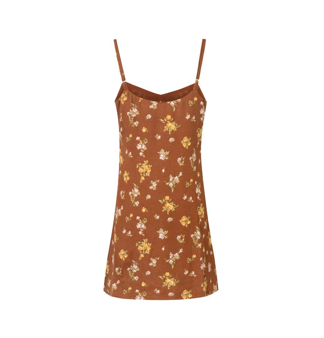 Early Spring French Vacation V Neck Strap Dress Brown Bottom Printed Cool Dress PullWind