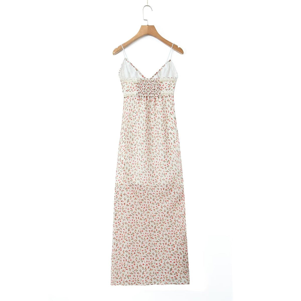 Spring French Pastoral Teenage Casual Suspender Dress V neck Lace Floral Maxi Dress Camille