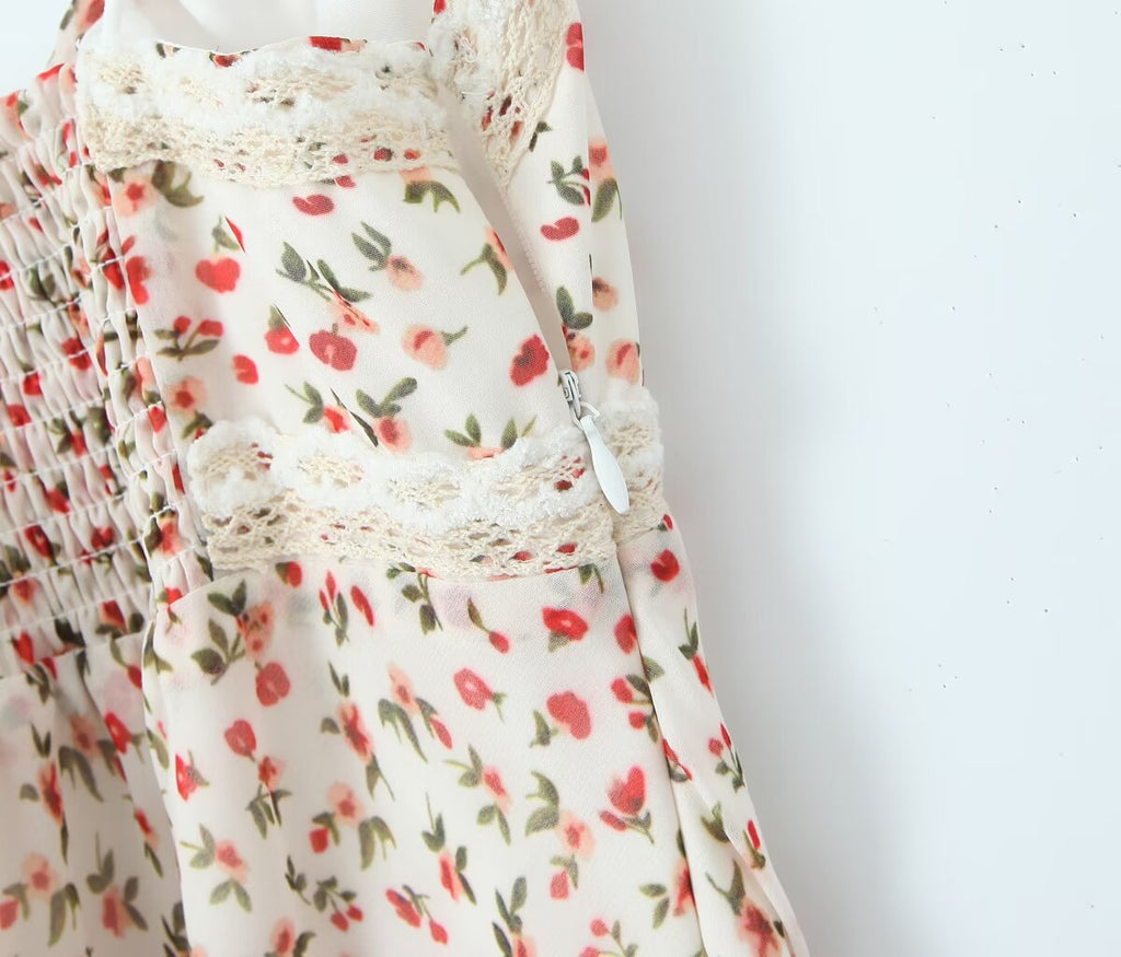 Spring French Pastoral Teenage Casual Suspender Dress V neck Lace Floral Maxi Dress Camille
