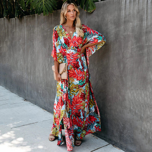 Large Floral Dress Sun Protection Clothing Beach Jacket Cardigan Bikini Swimsuit Blouse Outer Wear Women
