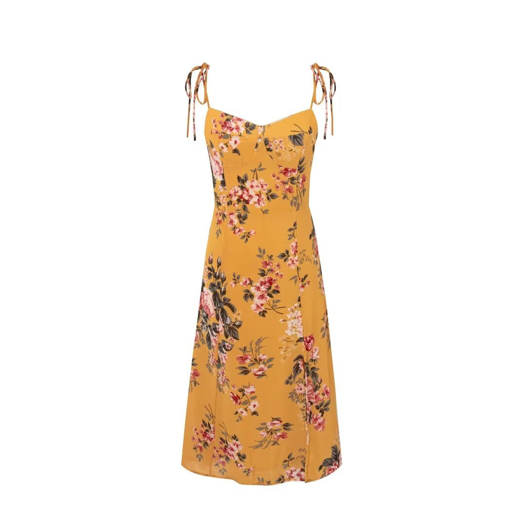 Women Clothing Retro Yellow Background with Printing Bottom Slit Strap Dress PullWind