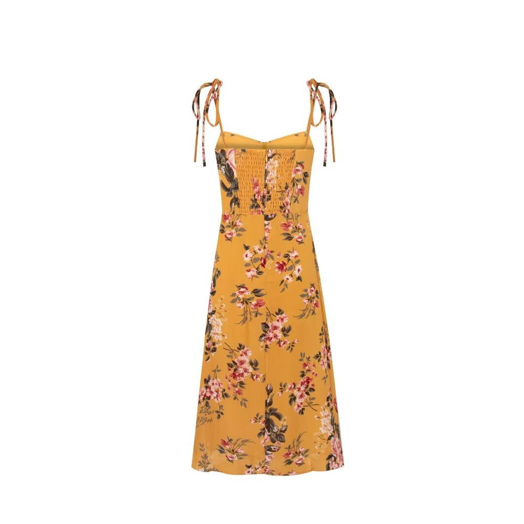 Women Clothing Retro Yellow Background with Printing Bottom Slit Strap Dress PullWind