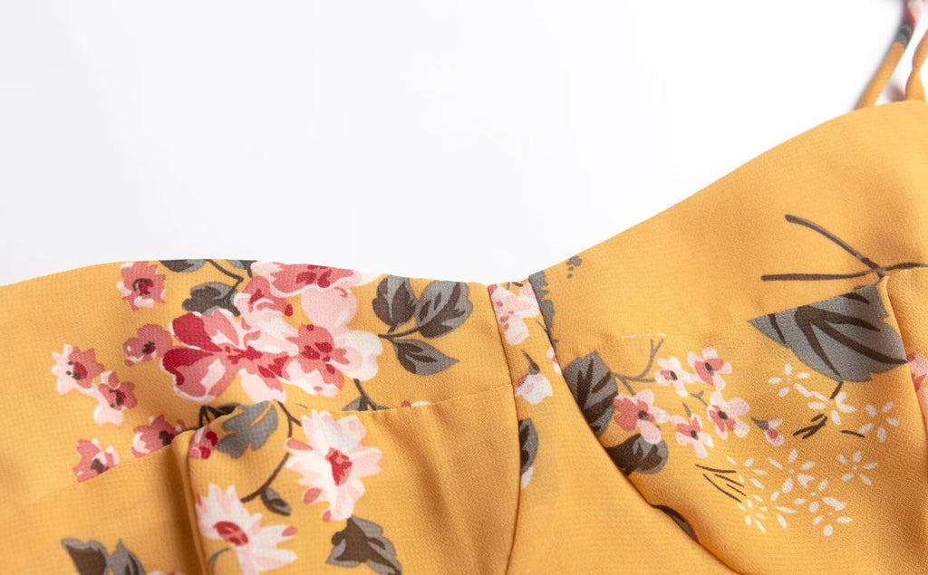 Women Clothing Retro Yellow Background with Printing Bottom Slit Strap Dress PullWind
