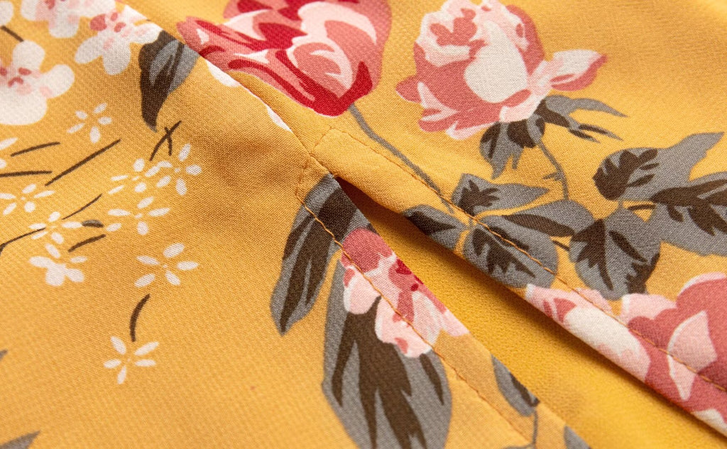 Women Clothing Retro Yellow Background with Printing Bottom Slit Strap Dress PullWind