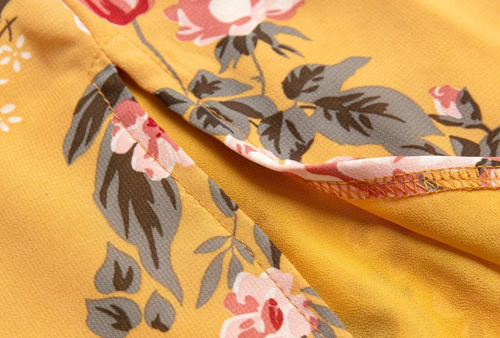 Women Clothing Retro Yellow Background with Printing Bottom Slit Strap Dress PullWind