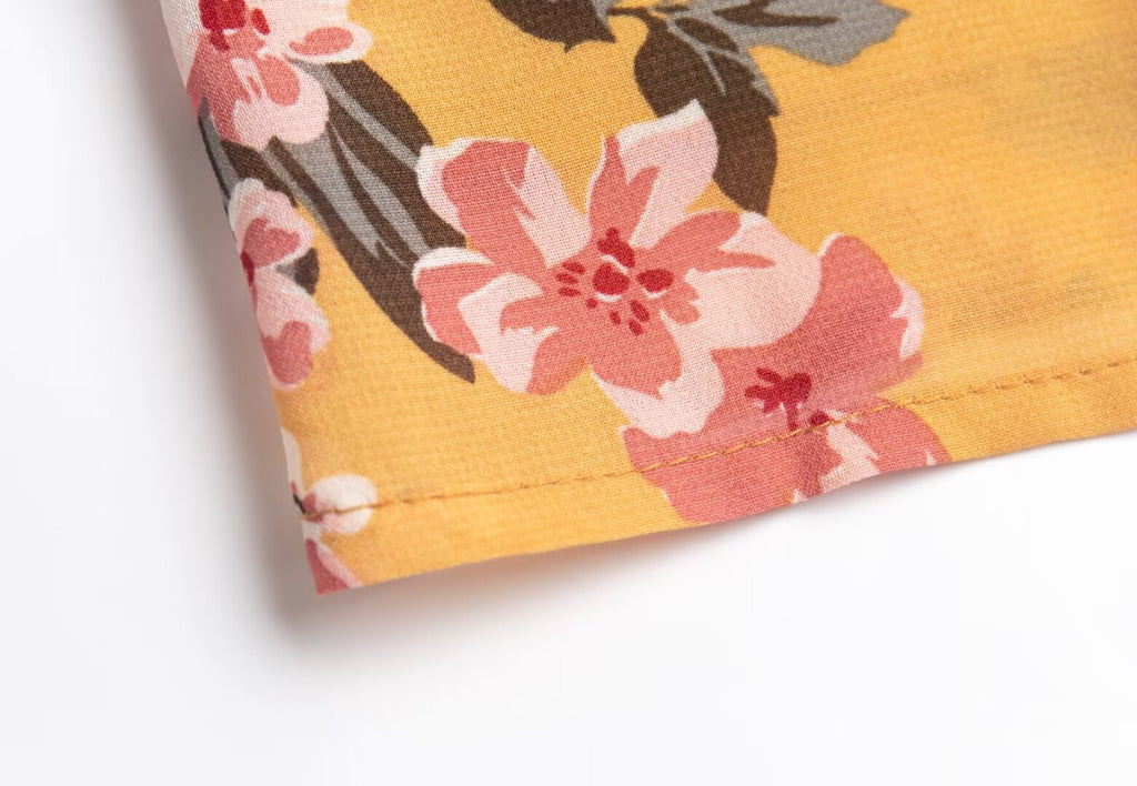 Women Clothing Retro Yellow Background with Printing Bottom Slit Strap Dress PullWind