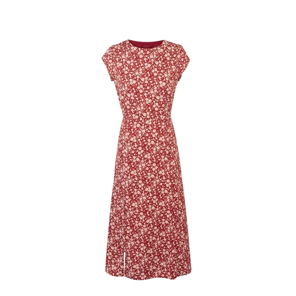 French Holiday Red Bottom Floral Round Neck Tight Waist Split Dress Summer Sexy Backless Midi Dress PullWind