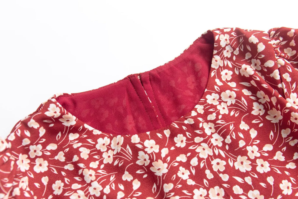 French Holiday Red Bottom Floral Round Neck Tight Waist Split Dress Summer Sexy Backless Midi Dress PullWind