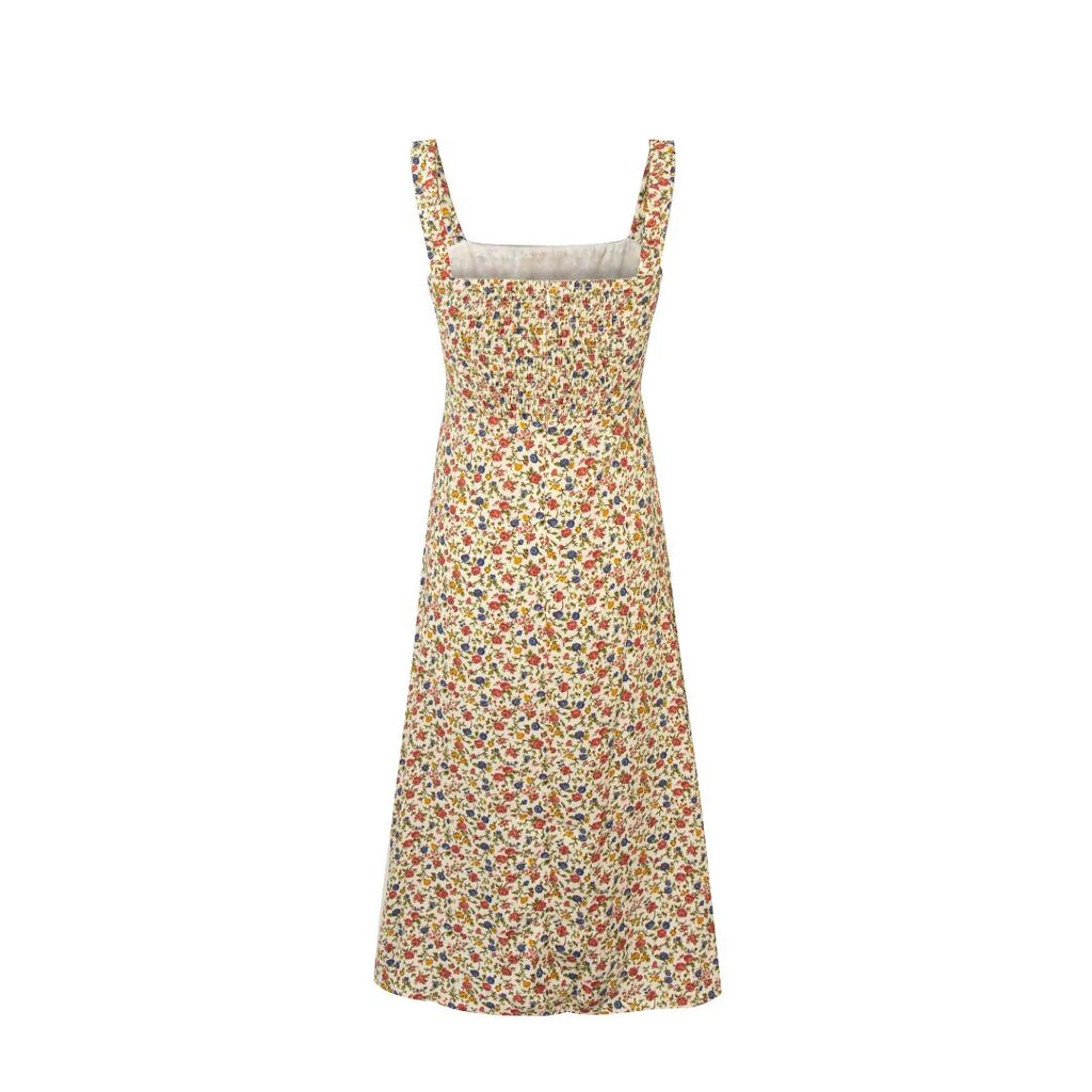 Spring Pastoral Floral Pattern Over Beige Background Square Collar Casual Camisole Dress PullWind