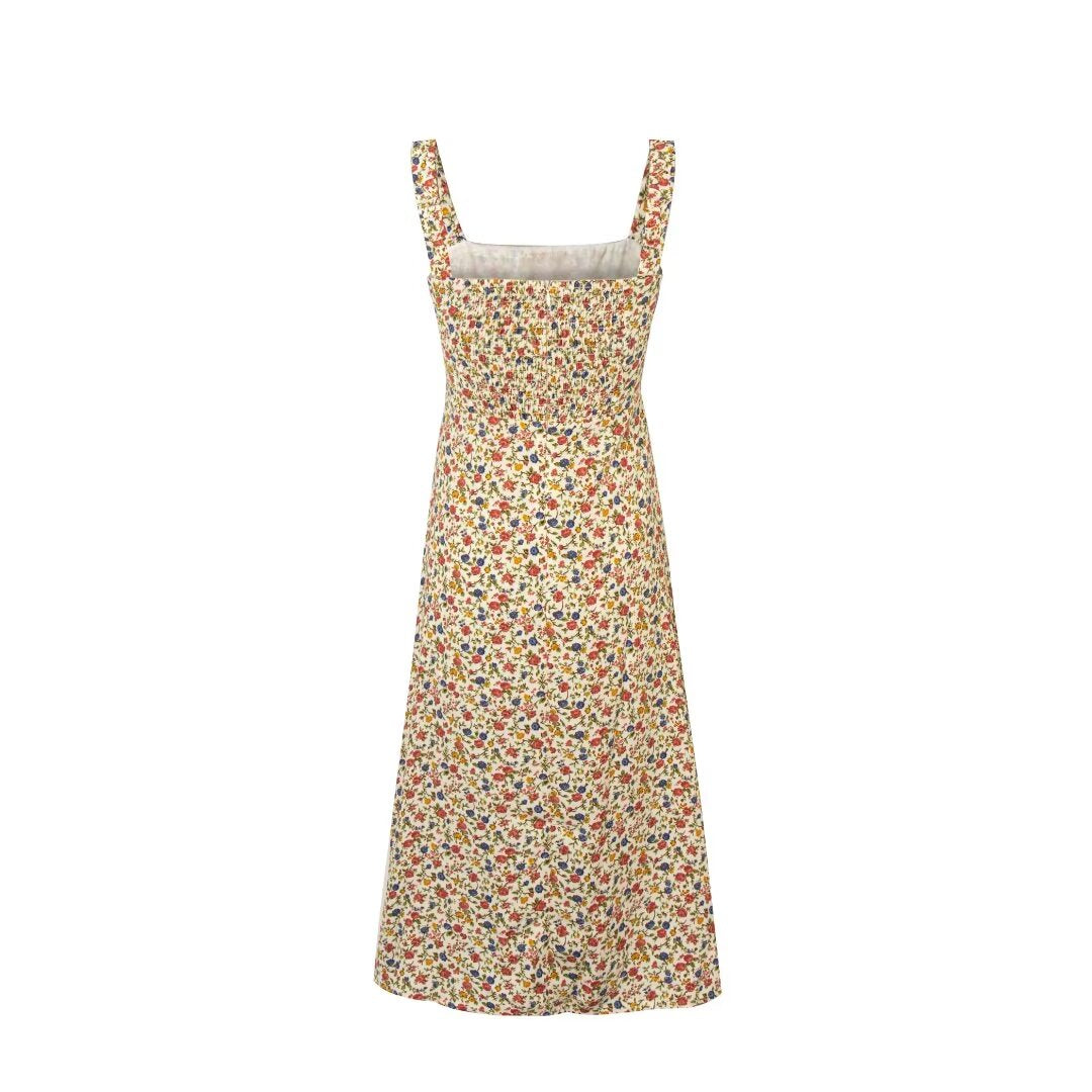 Spring Pastoral Floral Pattern Over Beige Background Square Collar Casual Camisole Dress PullWind