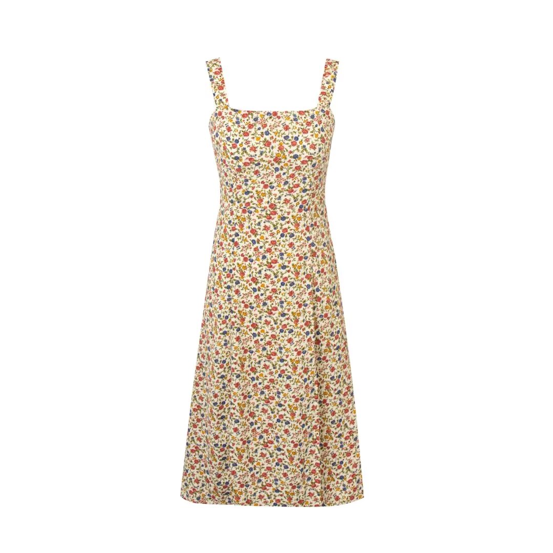 Spring Pastoral Floral Pattern Over Beige Background Square Collar Casual Camisole Dress PullWind