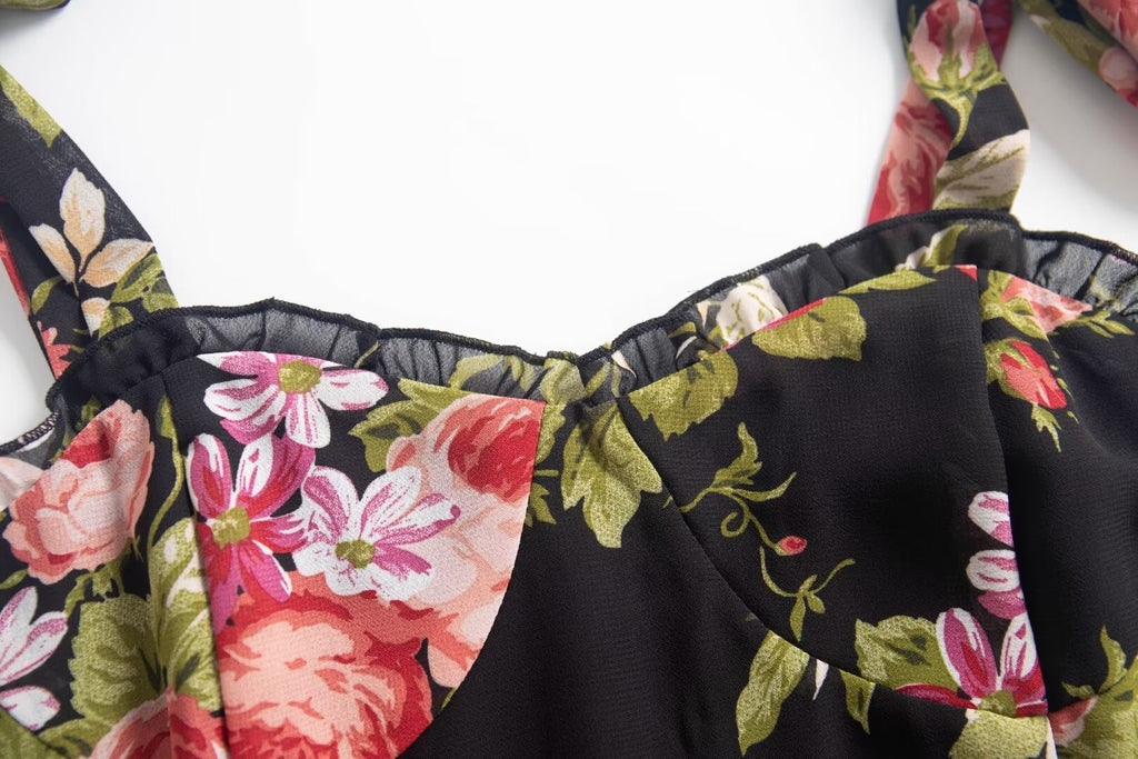 Spring Holiday Casual Strap Lace Large Floral Printed Maxi Dress PullWind