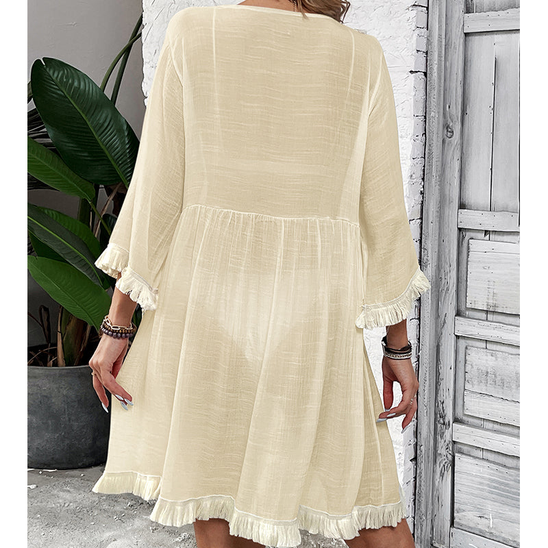 Women Clothing Holiday Neckline Lace Decorative Beach Blouse Holiday Sun Protection Loose Blouse Crochet hook Tidee