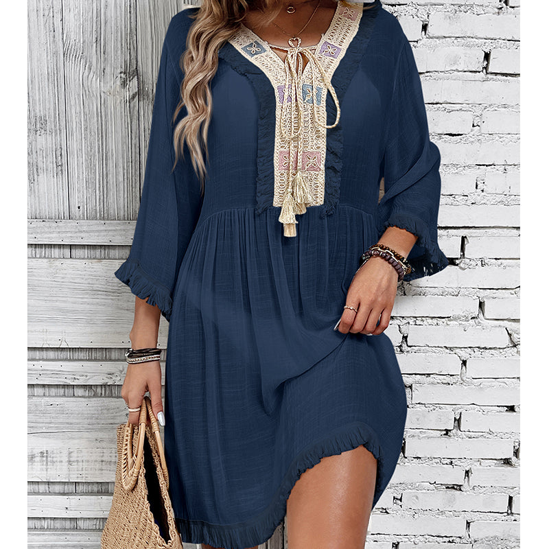 Women Clothing Holiday Neckline Lace Decorative Beach Blouse Holiday Sun Protection Loose Blouse Crochet hook Tidee