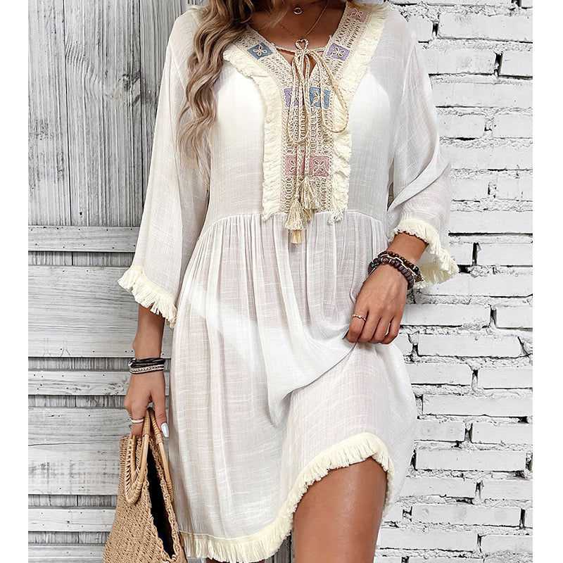 Women Clothing Holiday Neckline Lace Decorative Beach Blouse Holiday Sun Protection Loose Blouse Crochet hook Tidee