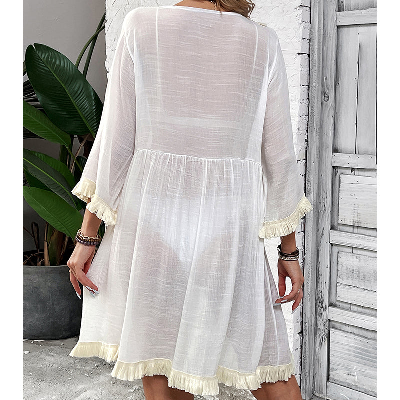 Women Clothing Holiday Neckline Lace Decorative Beach Blouse Holiday Sun Protection Loose Blouse Crochet hook Tidee