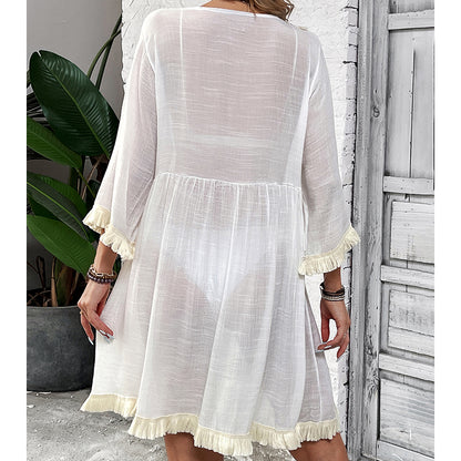Women Clothing Holiday Neckline Lace Decorative Beach Blouse Holiday Sun Protection Loose Blouse Crochet hook