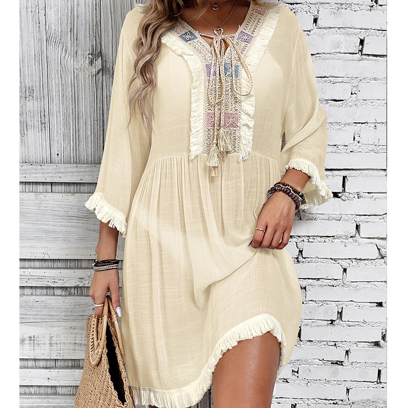 Women Clothing Holiday Neckline Lace Decorative Beach Blouse Holiday Sun Protection Loose Blouse Crochet hook Tidee