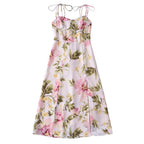 French Retro V Neck Double Shoulder Lace Up Dress Women Design Side Slit Slim Fit Printed Mid Length Vacation Dress OMI