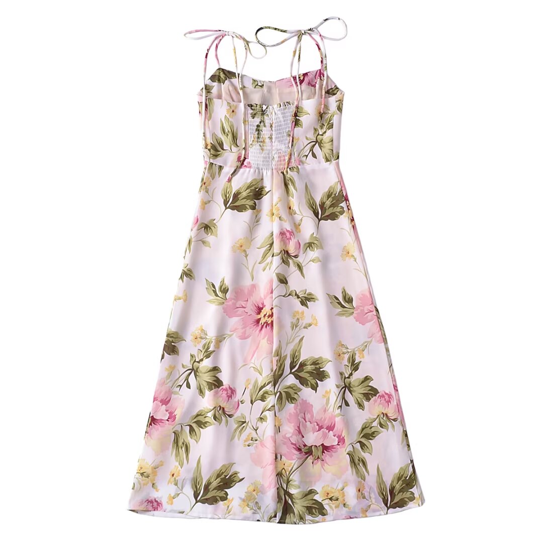 French Retro V Neck Double Shoulder Lace Up Dress Women Design Side Slit Slim Fit Printed Mid Length Vacation Dress OMI