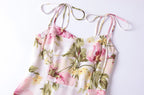 French Retro V Neck Double Shoulder Lace Up Dress Women Design Side Slit Slim Fit Printed Mid Length Vacation Dress OMI