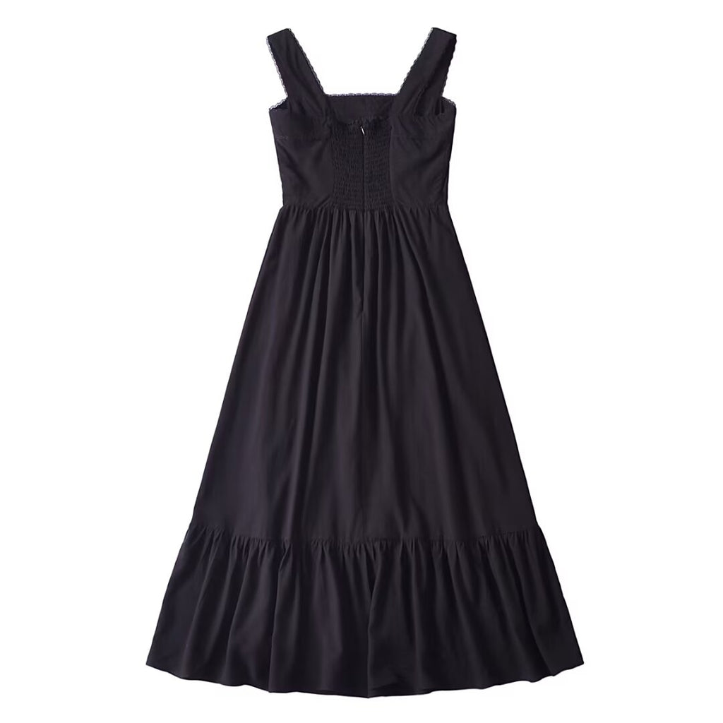 French Retro Lace Bowknot Decoration Square Collar Vest Dress Cami Dress Summer Slim Fit A Line Dress Women OMI