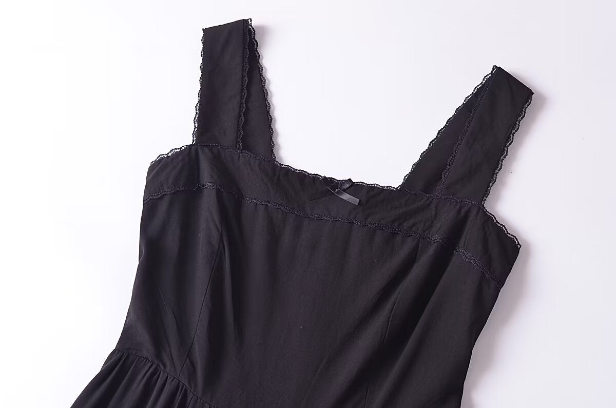 French Retro Lace Bowknot Decoration Square Collar Vest Dress Cami Dress Summer Slim Fit A Line Dress Women OMI