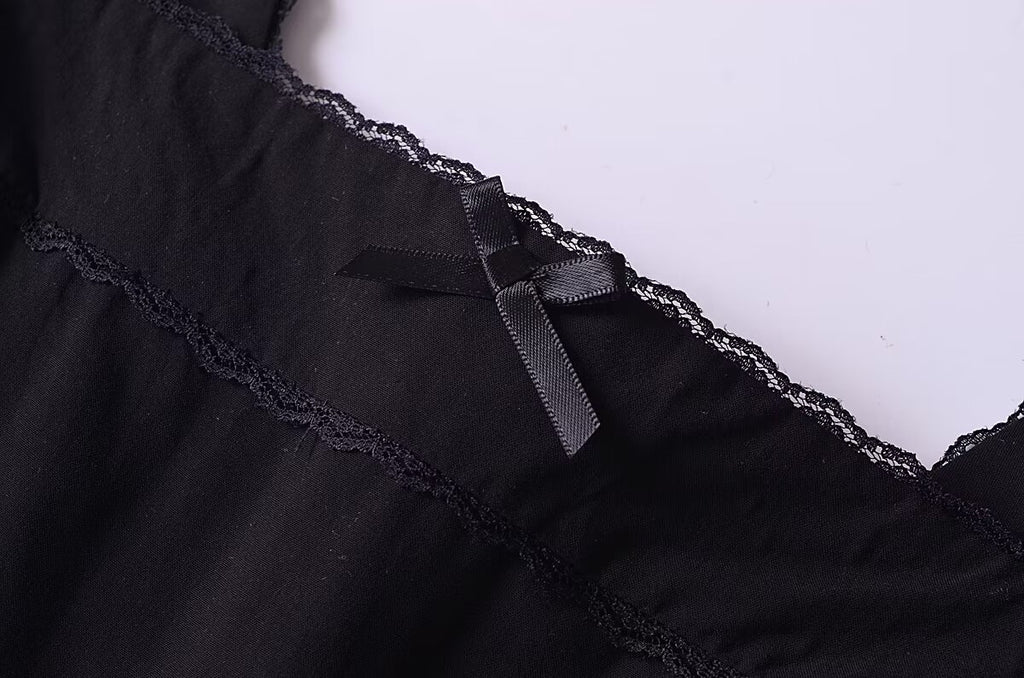 French Retro Lace Bowknot Decoration Square Collar Vest Dress Cami Dress Summer Slim Fit A Line Dress Women OMI