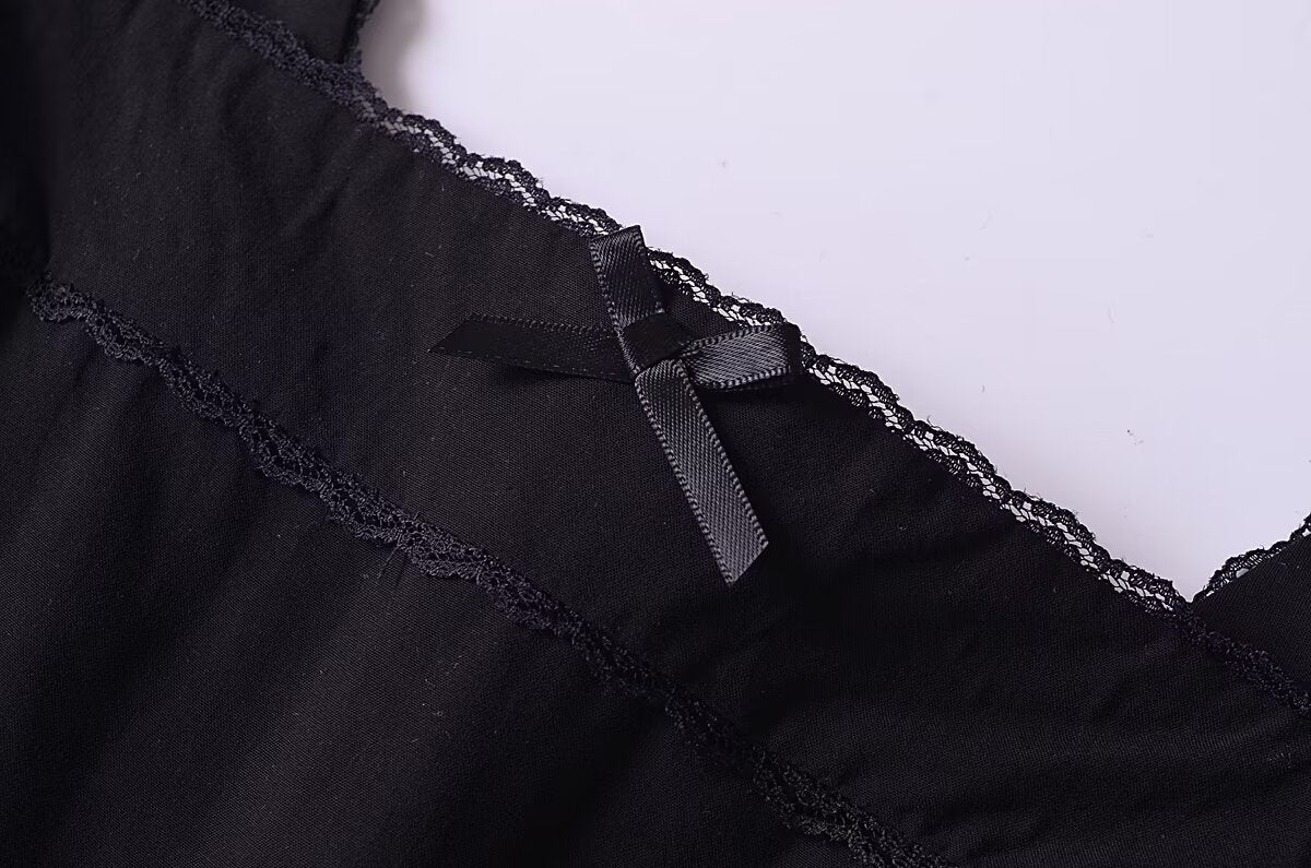 French Retro Lace Bowknot Decoration Square Collar Vest Dress Cami Dress Summer Slim Fit A Line Dress Women OMI