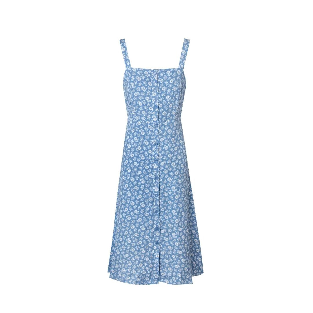 French Vintage Floral Off Neck Single Breasted Cami Dress Summer Slim Fit Slimming Vacation Mid Length Dress Women PullWind