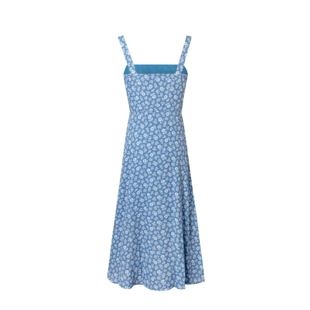 French Vintage Floral Off Neck Single Breasted Cami Dress Summer Slim Fit Slimming Vacation Mid Length Dress Women PullWind