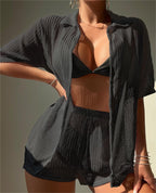 Chemisier noir découpé, boxer fendu, bikini, vêtements de plage, chemisier pour femme, maillot de bain