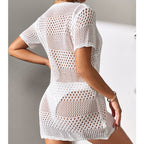 Women Clothes Sexy Cutout Short Sleeve Casual Bikini Cover Up Swimsuit Blouse Beach Sun Protection Shirt Crochet hook Tidee