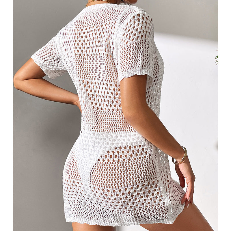 Women Clothes Sexy Cutout Short Sleeve Casual Bikini Cover Up Swimsuit Blouse Beach Sun Protection Shirt Crochet hook Tidee