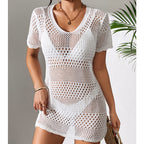 Women Clothes Sexy Cutout Short Sleeve Casual Bikini Cover Up Swimsuit Blouse Beach Sun Protection Shirt Crochet hook Tidee