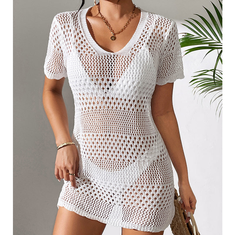 Women Clothes Sexy Cutout Short Sleeve Casual Bikini Cover Up Swimsuit Blouse Beach Sun Protection Shirt Crochet hook Tidee