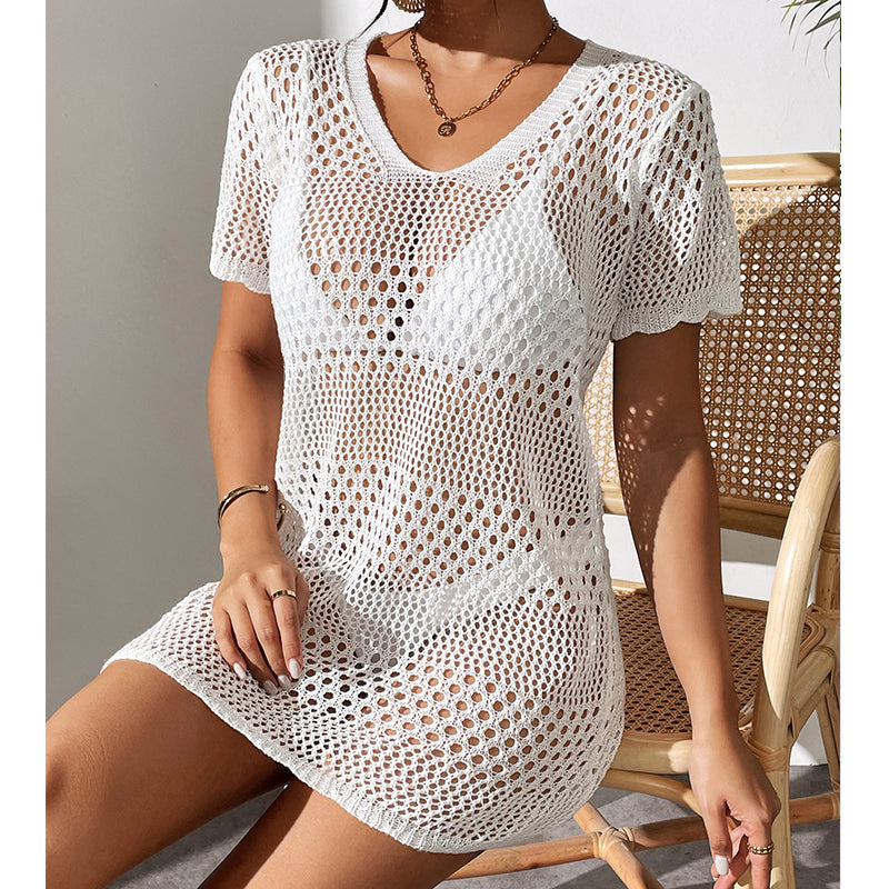 Women Clothes Sexy Cutout Short Sleeve Casual Bikini Cover Up Swimsuit Blouse Beach Sun Protection Shirt Crochet hook Tidee