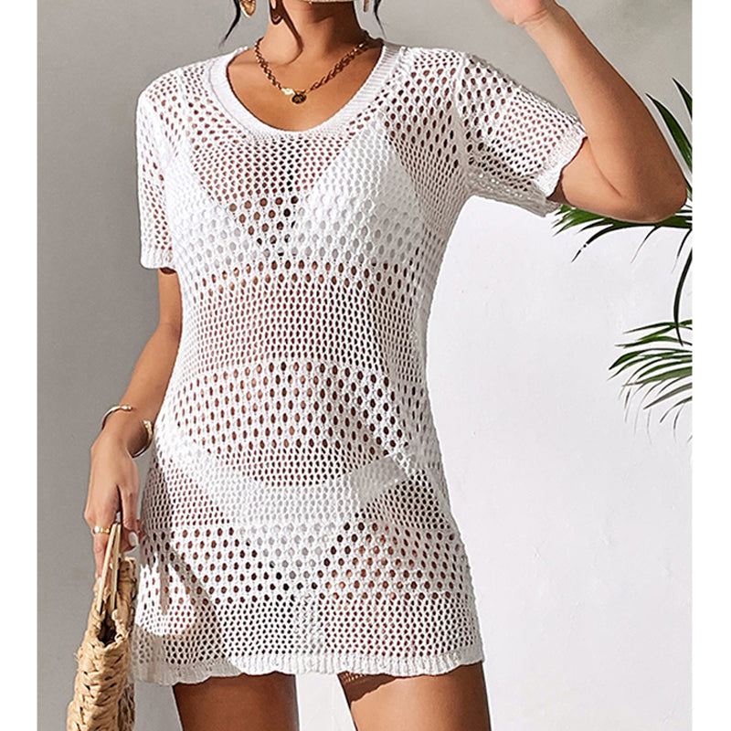 Women Clothes Sexy Cutout Short Sleeve Casual Bikini Cover Up Swimsuit Blouse Beach Sun Protection Shirt Crochet hook Tidee
