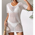 Women Clothes Sexy Cutout Short Sleeve Casual Bikini Cover Up Swimsuit Blouse Beach Sun Protection Shirt Crochet hook Tidee