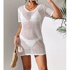 Women Clothes Sexy Cutout Short Sleeve Casual Bikini Cover Up Swimsuit Blouse Beach Sun Protection Shirt Crochet hook Tidee